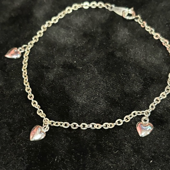 Dainty Sterling Silver Chain Link Anklet / Bracelet W/ 3 Solid Heart Pendants - Picture 2 of 4
